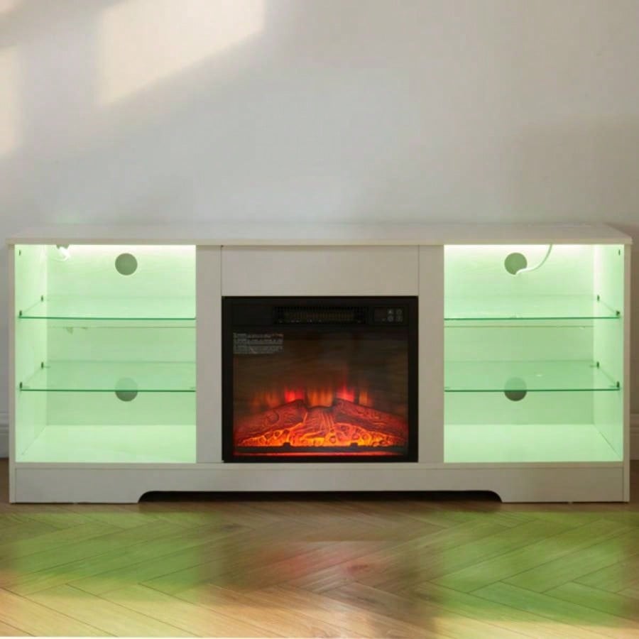 TV Stand Fireplace Glass Shelves, 3D Fireplace TV Stand with LED Lights Wood with USB Charging Outlet Modern Television Table Center TV up to 62 White, 5839; 39; 15.539; 39; D*24.4