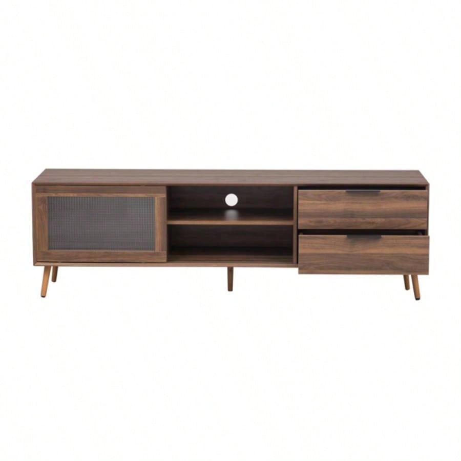 Modern TV Stand 75 TV, TV Console with 2 Glass Doors, Entertainment Center with 2 Drawers Storage Cabinet, 70 Media Console Table Living Room, Bedroom