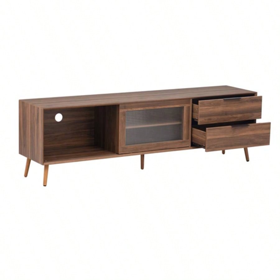 Modern TV Stand 75 TV, TV Console with 2 Glass Doors, Entertainment Center with 2 Drawers Storage Cabinet, 70 Media Console Table Living Room, Bedroom