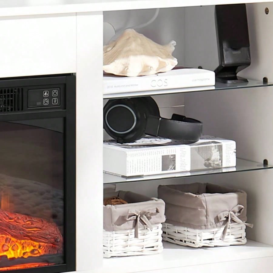 TV Stand Fireplace Glass Shelves, 3D Fireplace TV Stand with LED Lights Wood with USB Charging Outlet Modern Television Table Center TV up to 62 White, 5839; 39; 15.539; 39; D*24.4