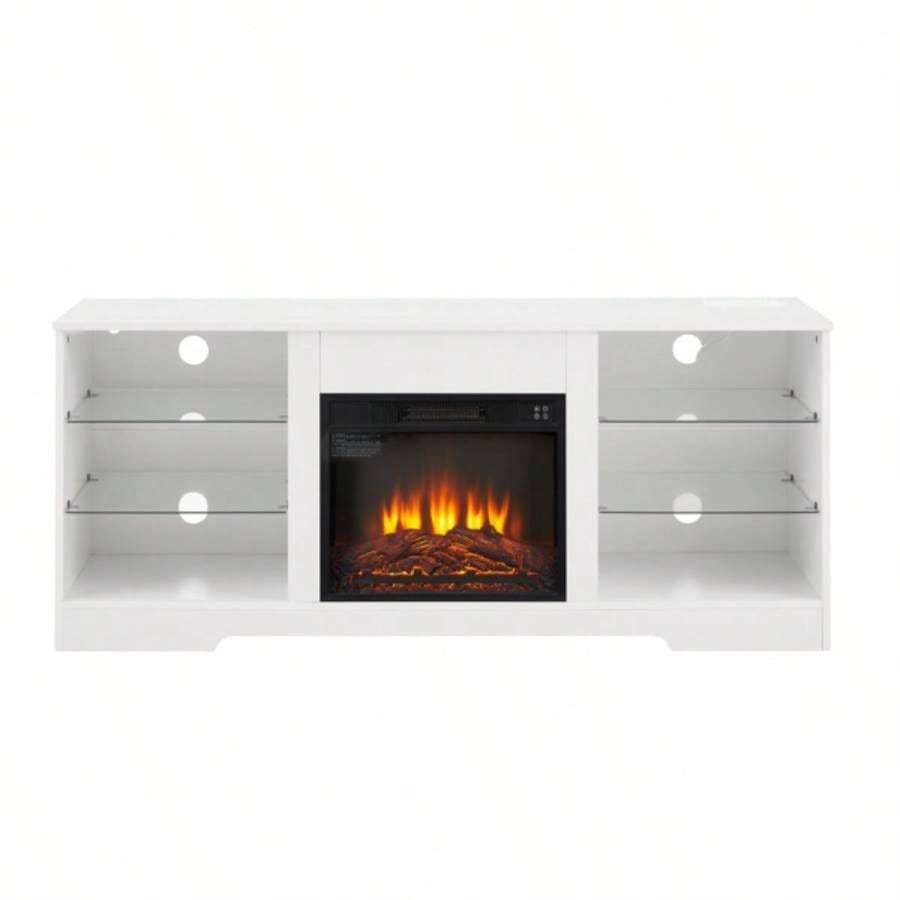 TV Stand Fireplace Glass Shelves, 3D Fireplace TV Stand with LED Lights Wood with USB Charging Outlet Modern Television Table Center TV up to 62 White, 5839; 39; 15.539; 39; D*24.4