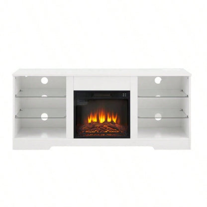 TV Stand Fireplace Glass Shelves, 3D Fireplace TV Stand with LED Lights Wood with USB Charging Outlet Modern Television Table Center TV up to 62 White, 5839; 39; 15.539; 39; D*24.4