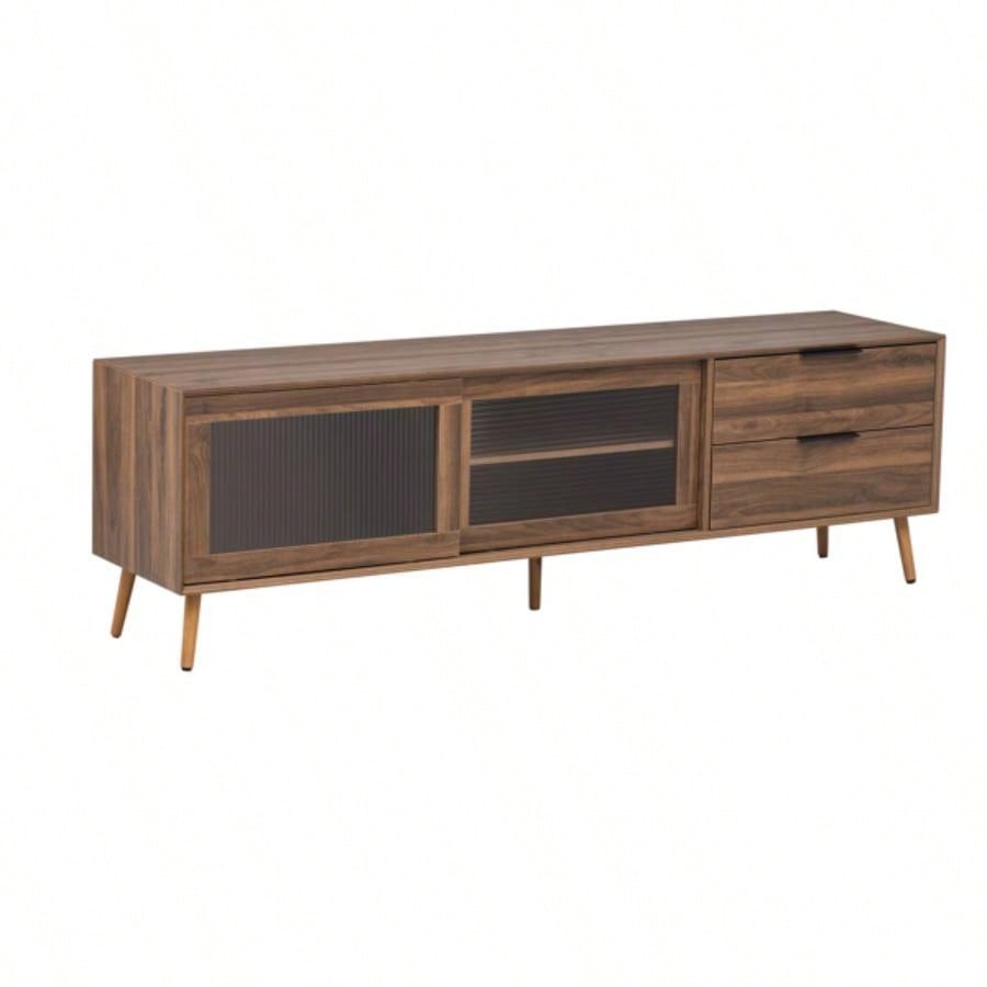 Modern TV Stand 75 TV, TV Console with 2 Glass Doors, Entertainment Center with 2 Drawers Storage Cabinet, 70 Media Console Table Living Room, Bedroom