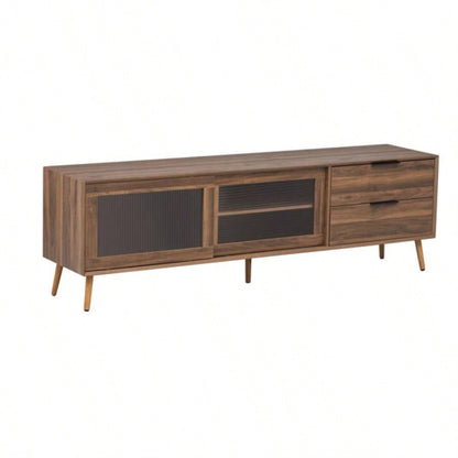 Modern TV Stand 75 TV, TV Console with 2 Glass Doors, Entertainment Center with 2 Drawers Storage Cabinet, 70 Media Console Table Living Room, Bedroom