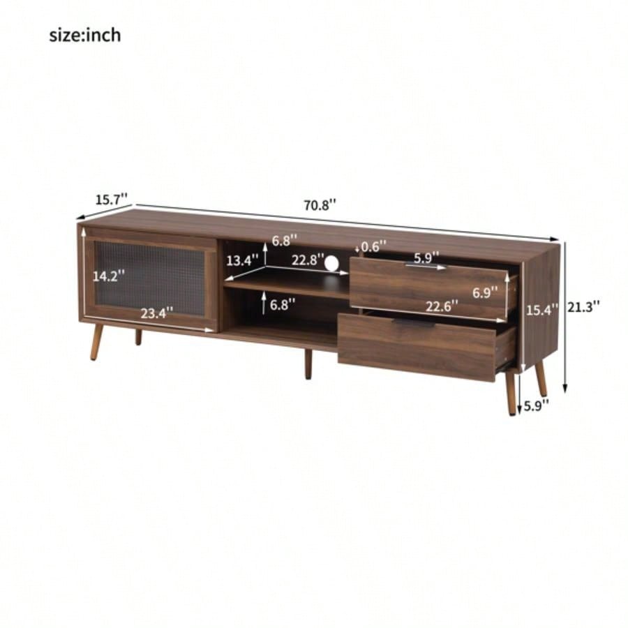 Modern TV Stand 75 TV, TV Console with 2 Glass Doors, Entertainment Center with 2 Drawers Storage Cabinet, 70 Media Console Table Living Room, Bedroom