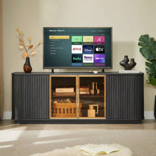 64 - Inch Wavy TV Cabinet, Round Sideboard, Wooden Vertical Stripe Storage Cabinet, Aluminum Door Framed Tempered Glass Cabinet Living Room/Bedroom/Entryway. Black, 6439; 39; 1539; 39; Dx 2439; 39; H.