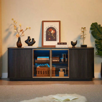 64 - Inch Wavy TV Cabinet, Round Sideboard, Wooden Vertical Stripe Storage Cabinet, Aluminum Door Framed Tempered Glass Cabinet Living Room/Bedroom/Entryway. Black, 6439; 39; 1539; 39; Dx 2439; 39; H.