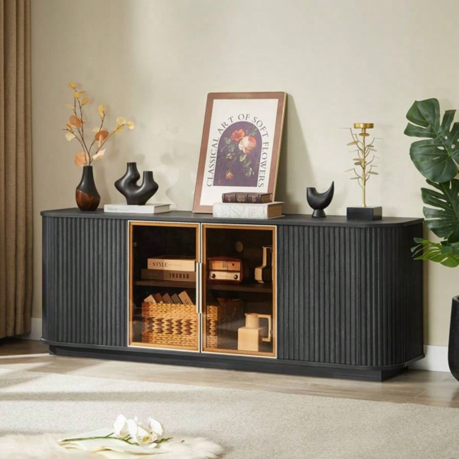 64 - Inch Wavy TV Cabinet, Round Sideboard, Wooden Vertical Stripe Storage Cabinet, Aluminum Door Framed Tempered Glass Cabinet Living Room/Bedroom/Entryway. Black, 6439; 39; 1539; 39; Dx 2439; 39; H.
