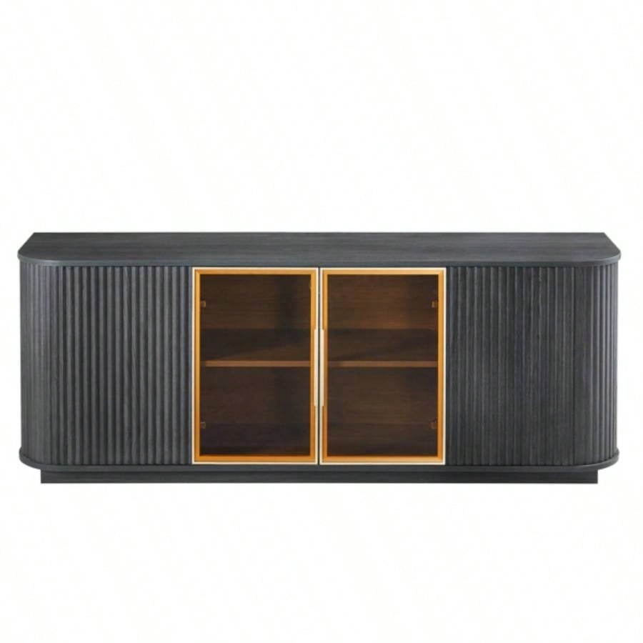 64 - Inch Wavy TV Cabinet, Round Sideboard, Wooden Vertical Stripe Storage Cabinet, Aluminum Door Framed Tempered Glass Cabinet Living Room/Bedroom/Entryway. Black, 6439; 39; 1539; 39; Dx 2439; 39; H.