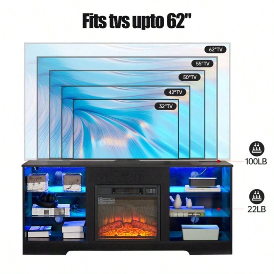TV Stand Fireplace TV Stand with Glass Shelves, 3D Fireplace TV Stand with LED Lights Wood with USB Charging Outlet Modern Television Table Center TV up to 32 - 62 Black 5839; 39; 15.439; 39; D*24.4