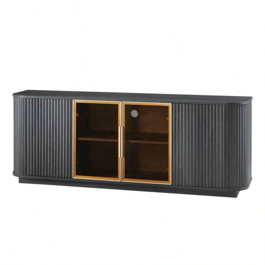 64 - Inch Wavy TV Cabinet, Round Sideboard, Wooden Vertical Stripe Storage Cabinet, Aluminum Door Framed Tempered Glass Cabinet Living Room/Bedroom/Entryway. Black, 6439; 39; 1539; 39; Dx 2439; 39; H.