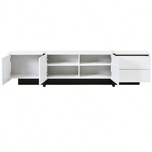 VIDEO provided White Black Contemporary Rectangle Design TV Stand, Unique Style TV Console Table TVs Up to 8039; 39; Modern TV Cabinet with High Gloss Surface Living Room.