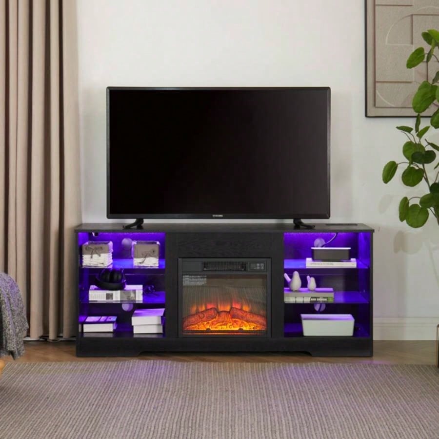 TV Stand Fireplace TV Stand with Glass Shelves, 3D Fireplace TV Stand with LED Lights Wood with USB Charging Outlet Modern Television Table Center TV up to 32 - 62 Black 5839; 39; 15.439; 39; D*24.4