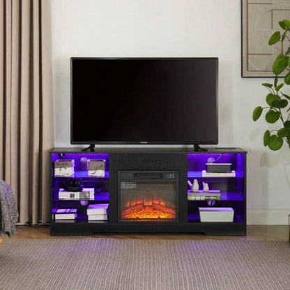 TV Stand Fireplace TV Stand with Glass Shelves, 3D Fireplace TV Stand with LED Lights Wood with USB Charging Outlet Modern Television Table Center TV up to 32 - 62 Black 5839; 39; 15.439; 39; D*24.4