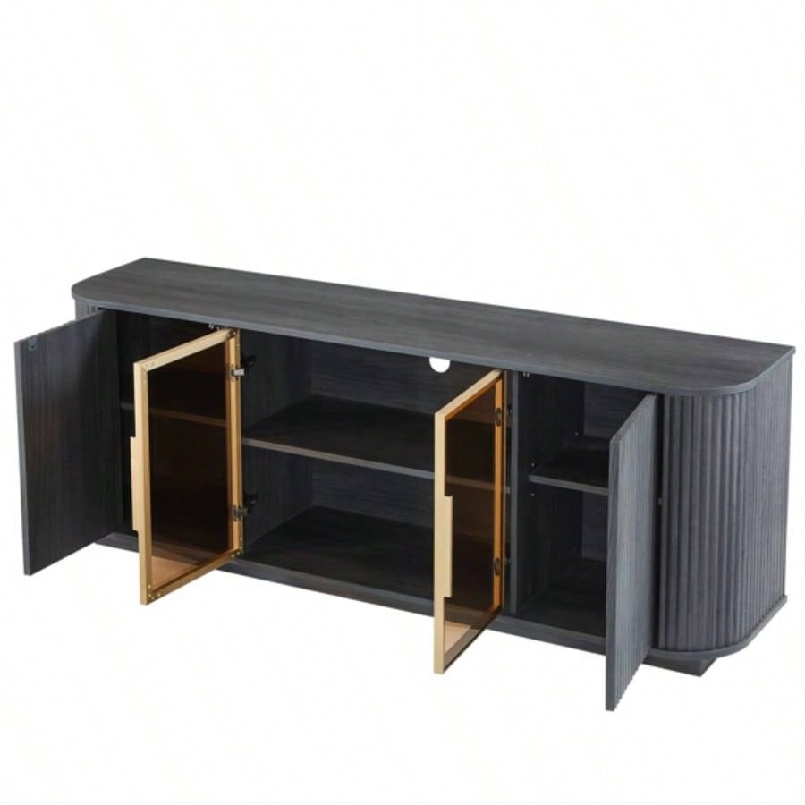 64 - Inch Wavy TV Cabinet, Round Sideboard, Wooden Vertical Stripe Storage Cabinet, Aluminum Door Framed Tempered Glass Cabinet Living Room/Bedroom/Entryway. Black, 6439; 39; 1539; 39; Dx 2439; 39; H.
