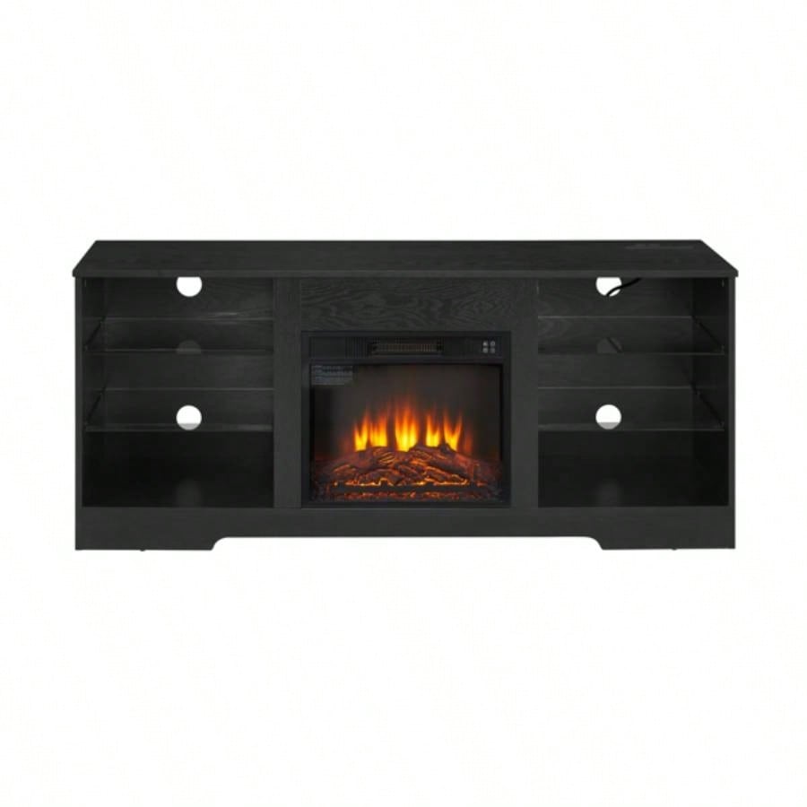 TV Stand Fireplace TV Stand with Glass Shelves, 3D Fireplace TV Stand with LED Lights Wood with USB Charging Outlet Modern Television Table Center TV up to 32 - 62 Black 5839; 39; 15.439; 39; D*24.4