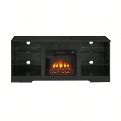 TV Stand Fireplace TV Stand with Glass Shelves, 3D Fireplace TV Stand with LED Lights Wood with USB Charging Outlet Modern Television Table Center TV up to 32 - 62 Black 5839; 39; 15.439; 39; D*24.4