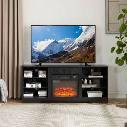 TV Stand Fireplace TV Stand with Glass Shelves, 3D Fireplace TV Stand with LED Lights Wood with USB Charging Outlet Modern Television Table Center TV up to 32 - 62 Black 5839; 39; 15.439; 39; D*24.4