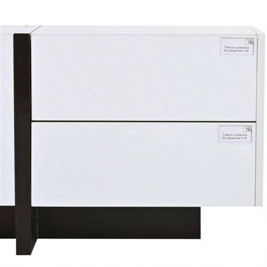 VIDEO provided White Black Contemporary Rectangle Design TV Stand, Unique Style TV Console Table TVs Up to 8039; 39; Modern TV Cabinet with High Gloss Surface Living Room.