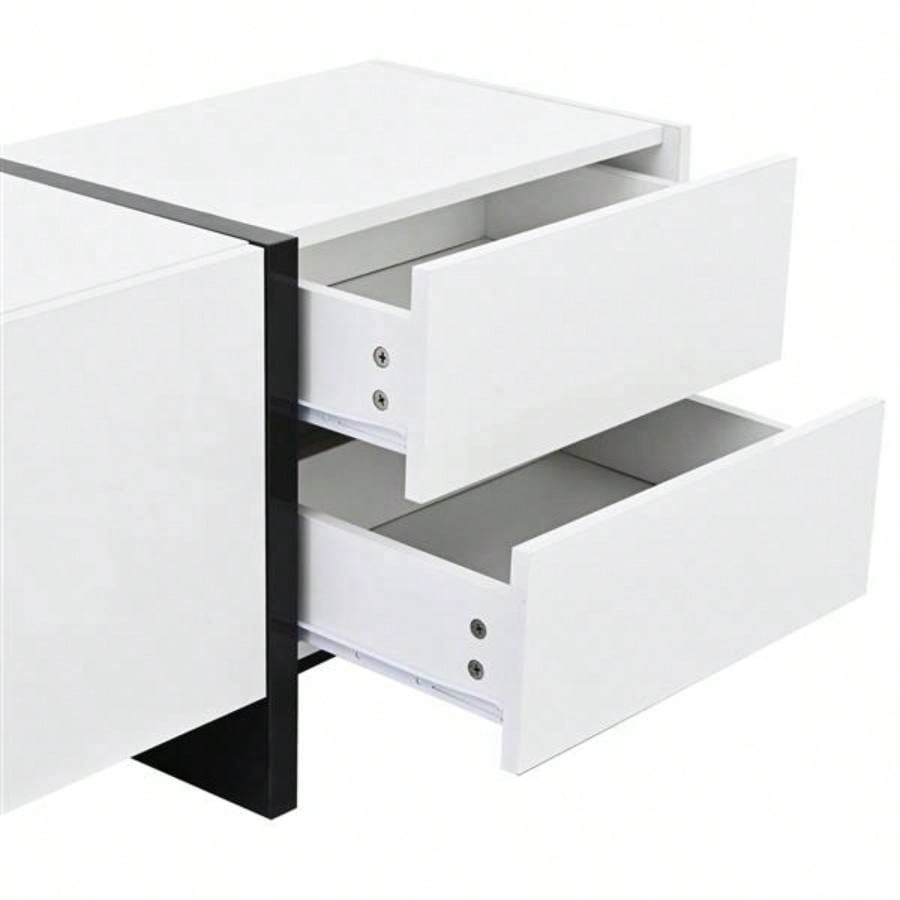 VIDEO provided White Black Contemporary Rectangle Design TV Stand, Unique Style TV Console Table TVs Up to 8039; 39; Modern TV Cabinet with High Gloss Surface Living Room.