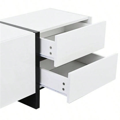 VIDEO provided White Black Contemporary Rectangle Design TV Stand, Unique Style TV Console Table TVs Up to 8039; 39; Modern TV Cabinet with High Gloss Surface Living Room.