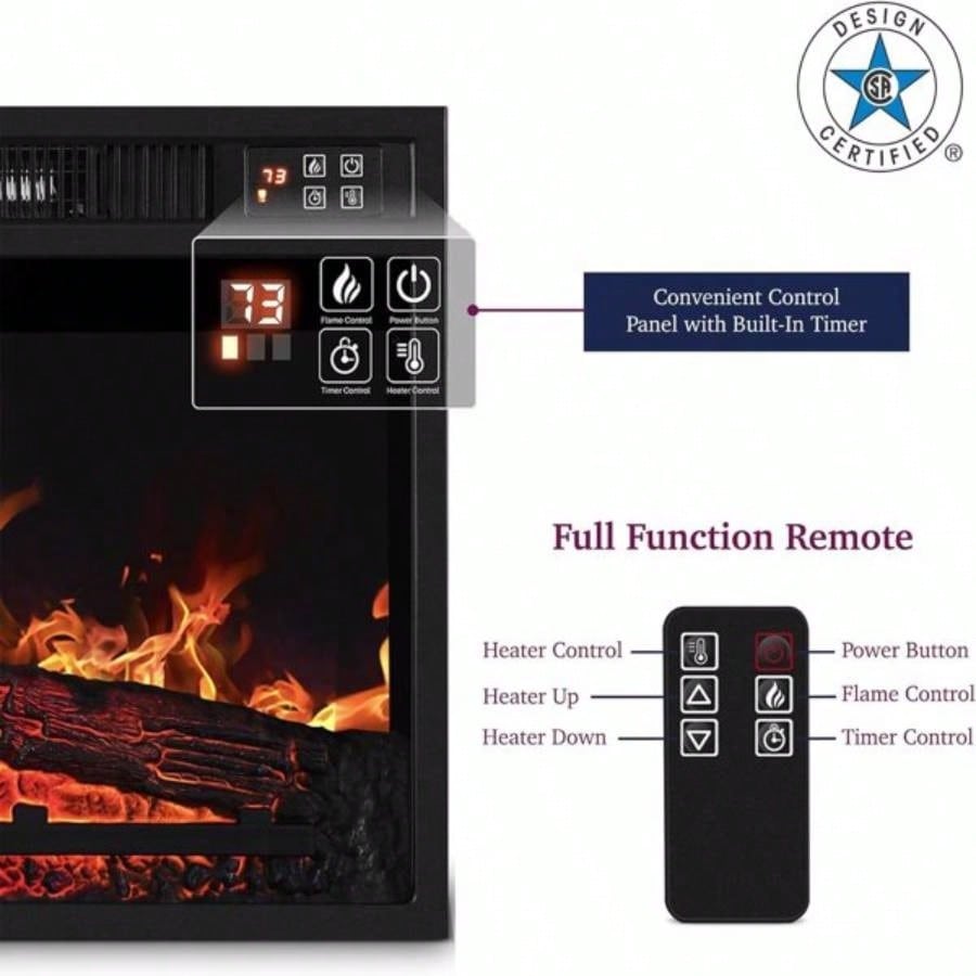 23 Fireplace, 3DInfrared Black Fireplace Insert Heater, with IR Remote Control, Glass View, Adjustable Realistic Logs Flames, Indoor, 1400W