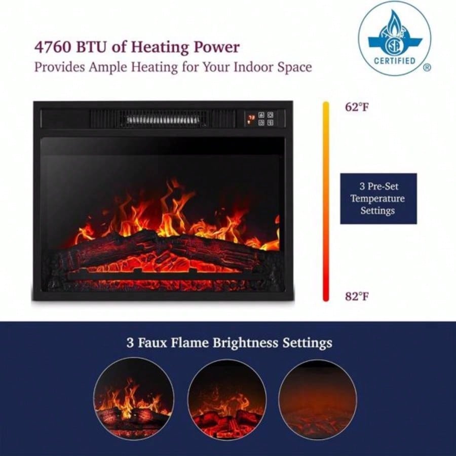 23 Fireplace, 3DInfrared Black Fireplace Insert Heater, with IR Remote Control, Glass View, Adjustable Realistic Logs Flames, Indoor, 1400W