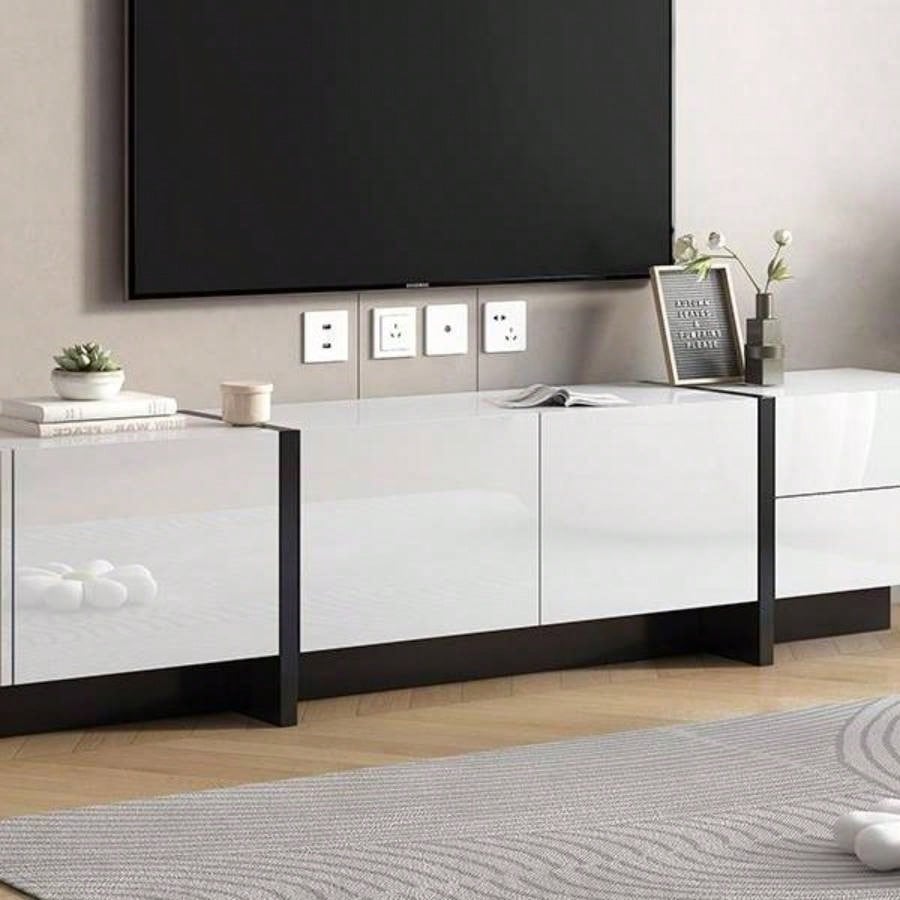 VIDEO provided White Black Contemporary Rectangle Design TV Stand, Unique Style TV Console Table TVs Up to 8039; 39; Modern TV Cabinet with High Gloss Surface Living Room.