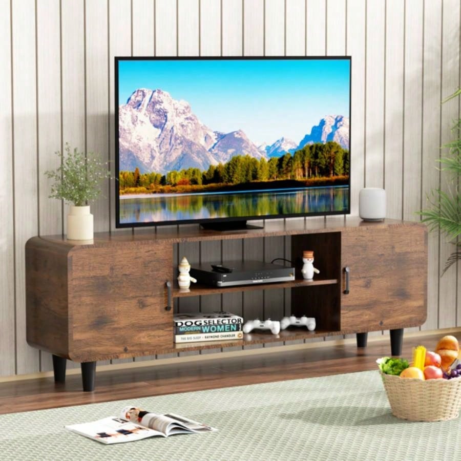 TV Stand 55 Inch TV, Entertainment Center with Storage Cabinets, Soft Hinge Door with Handle, Media Console Table Living Room Bedroom, Rustic BrownUnable to ship on weekends, please note that