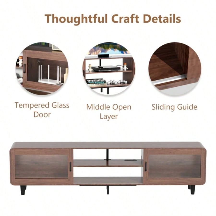 TV Stand 55/60/65/70 Wood Entertainment Center with Power Outlets, Media Console with Sliding Doors and Open Shelf Living Room, WalnutUnable to ship on weekends, please note that