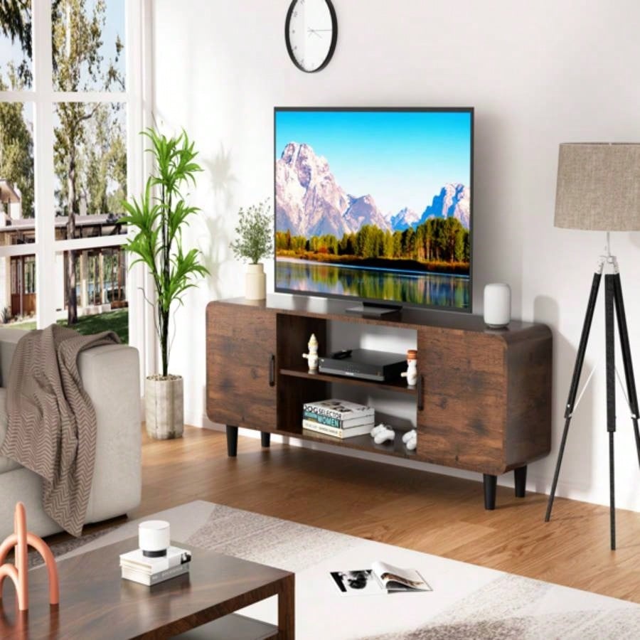 TV Stand 55 Inch TV, Entertainment Center with Storage Cabinets, Soft Hinge Door with Handle, Media Console Table Living Room Bedroom, Rustic BrownUnable to ship on weekends, please note that