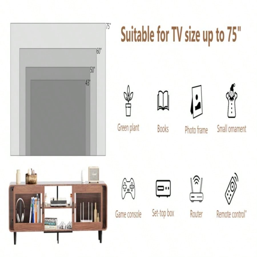 TV Stand 55/60/65/70 Wood Entertainment Center with Power Outlets, Media Console with Sliding Doors and Open Shelf Living Room, WalnutUnable to ship on weekends, please note that