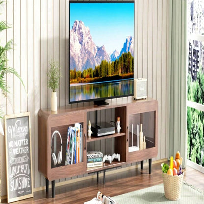 TV Stand 55/60/65/70 Wood Entertainment Center with Power Outlets, Media Console with Sliding Doors and Open Shelf Living Room, WalnutUnable to ship on weekends, please note that