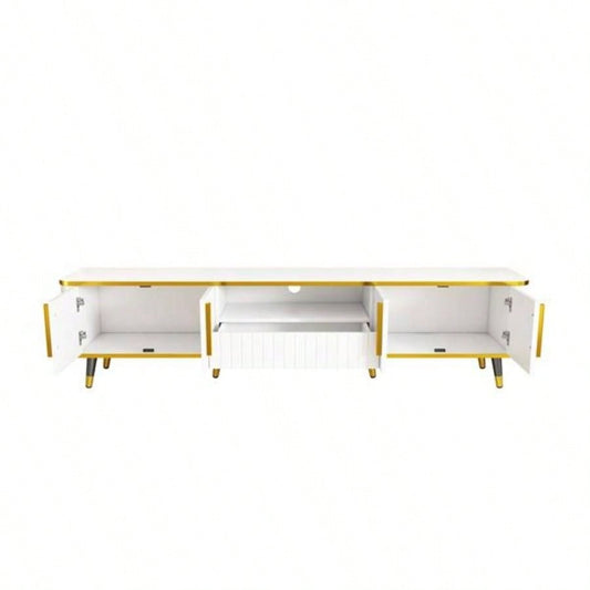 Luxury Minimalism TV Stand with Open Storage Shelf TVs Up to 85 Entertainment Center with Cabinets and Drawers, Practical Media Console with Unique Living Room, White