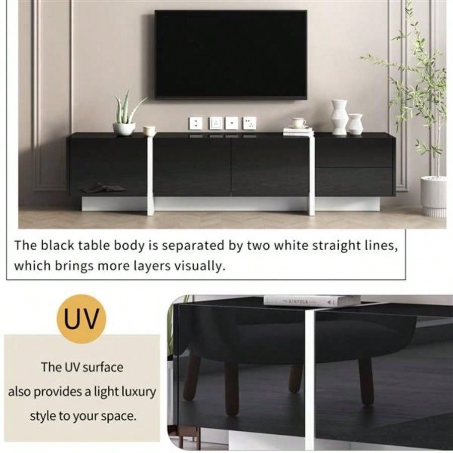 White Black Contemporary Rectangle Design TV Stand, Unique Style TV Console Table TVs Up to 8039; 39; Modern TV Cabinet with High Gloss Surface Living Room.