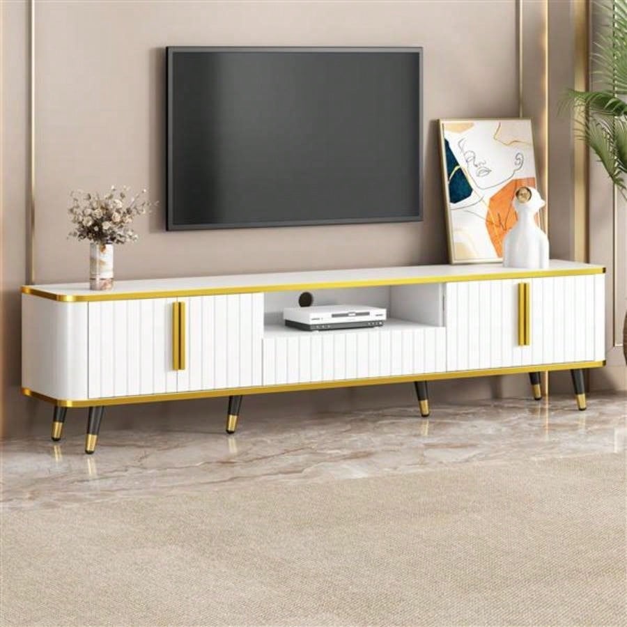Luxury Minimalism TV Stand with Open Storage Shelf TVs Up to 85 Entertainment Center with Cabinets and Drawers, Practical Media Console with Unique Living Room, White