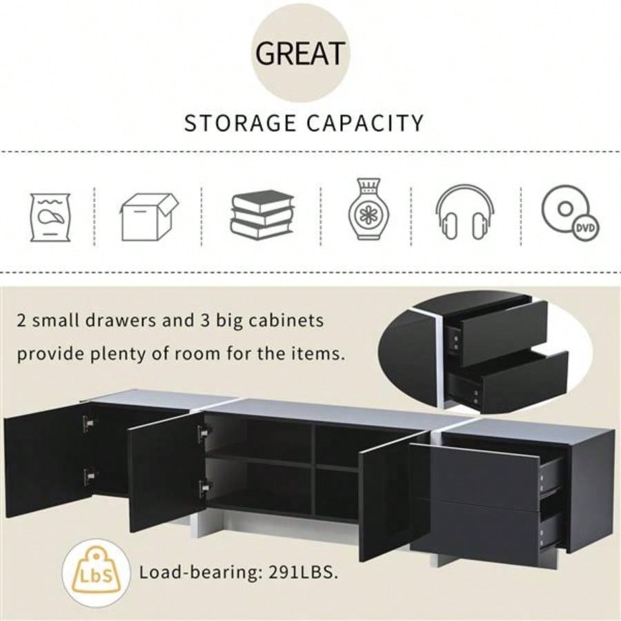 White Black Contemporary Rectangle Design TV Stand, Unique Style TV Console Table TVs Up to 8039; 39; Modern TV Cabinet with High Gloss Surface Living Room.