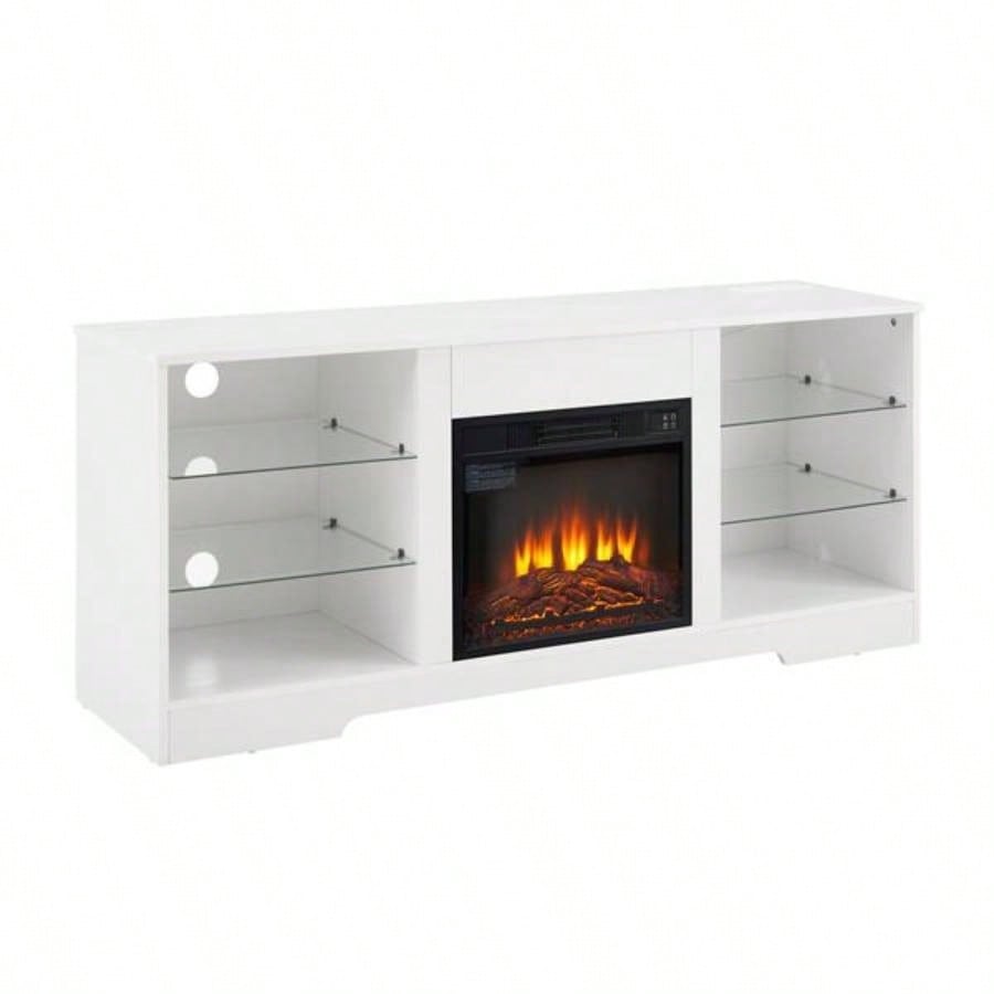 TV Stand Fireplace TV Stand with Glass Shelves, 3D Fireplace TV Stand with LED Lights Wood with USB Charging Outlet Modern Television Table Center TV up to 32 - 62 White 5839; 39; 15.539; 39; D*24.4