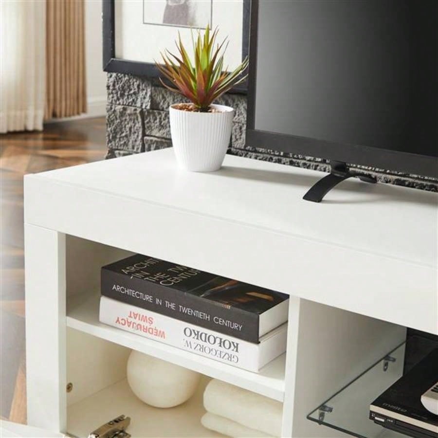 White morden TV Stand with LED Lights, high glossy front TV Cabinet, can be assembled in Lounge Room, Living Room or Bedroom, color: WHITE