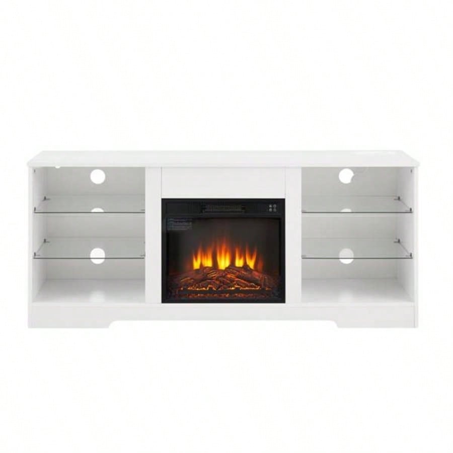 TV Stand Fireplace TV Stand with Glass Shelves, 3D Fireplace TV Stand with LED Lights Wood with USB Charging Outlet Modern Television Table Center TV up to 32 - 62 White 5839; 39; 15.539; 39; D*24.4