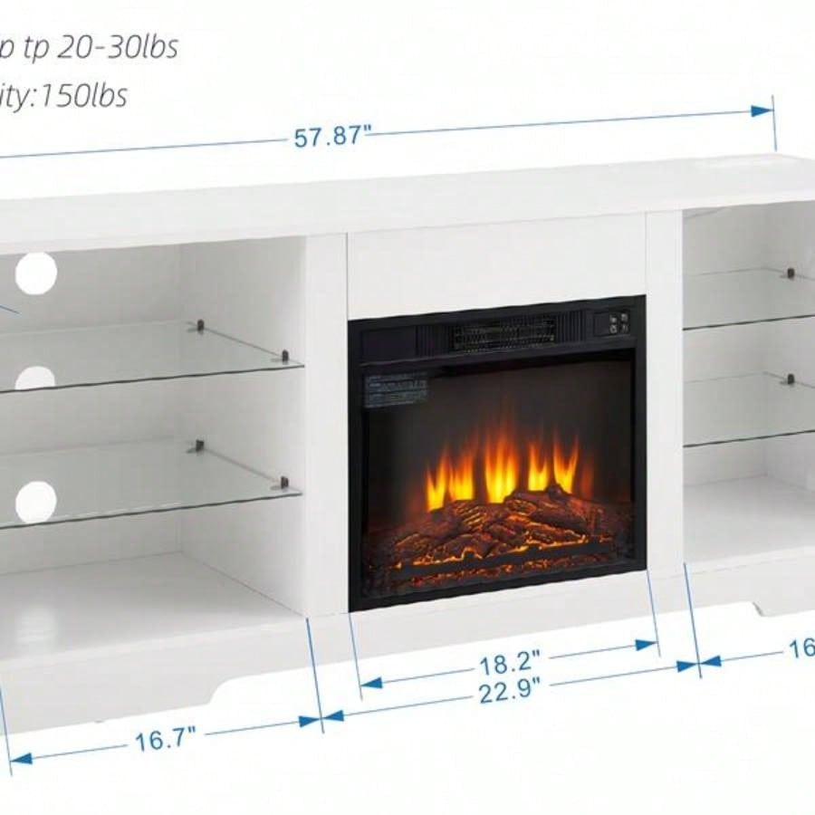 TV Stand Fireplace TV Stand with Glass Shelves, 3D Fireplace TV Stand with LED Lights Wood with USB Charging Outlet Modern Television Table Center TV up to 32 - 62 White 5839; 39; 15.539; 39; D*24.4