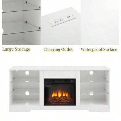 TV Stand Fireplace TV Stand with Glass Shelves, 3D Fireplace TV Stand with LED Lights Wood with USB Charging Outlet Modern Television Table Center TV up to 32 - 62 White 5839; 39; 15.539; 39; D*24.4