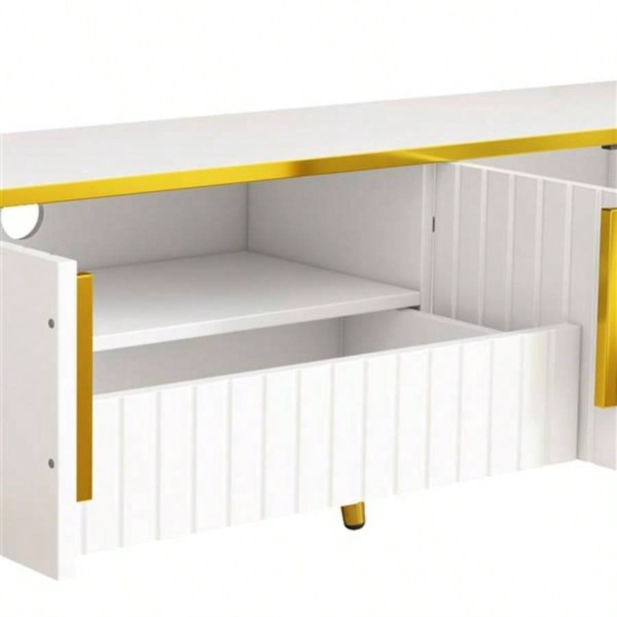 Luxury Minimalism TV Stand with Open Storage Shelf TVs Up to 85 Entertainment Center with Cabinets and Drawers, Practical Media Console with Unique Living Room, White