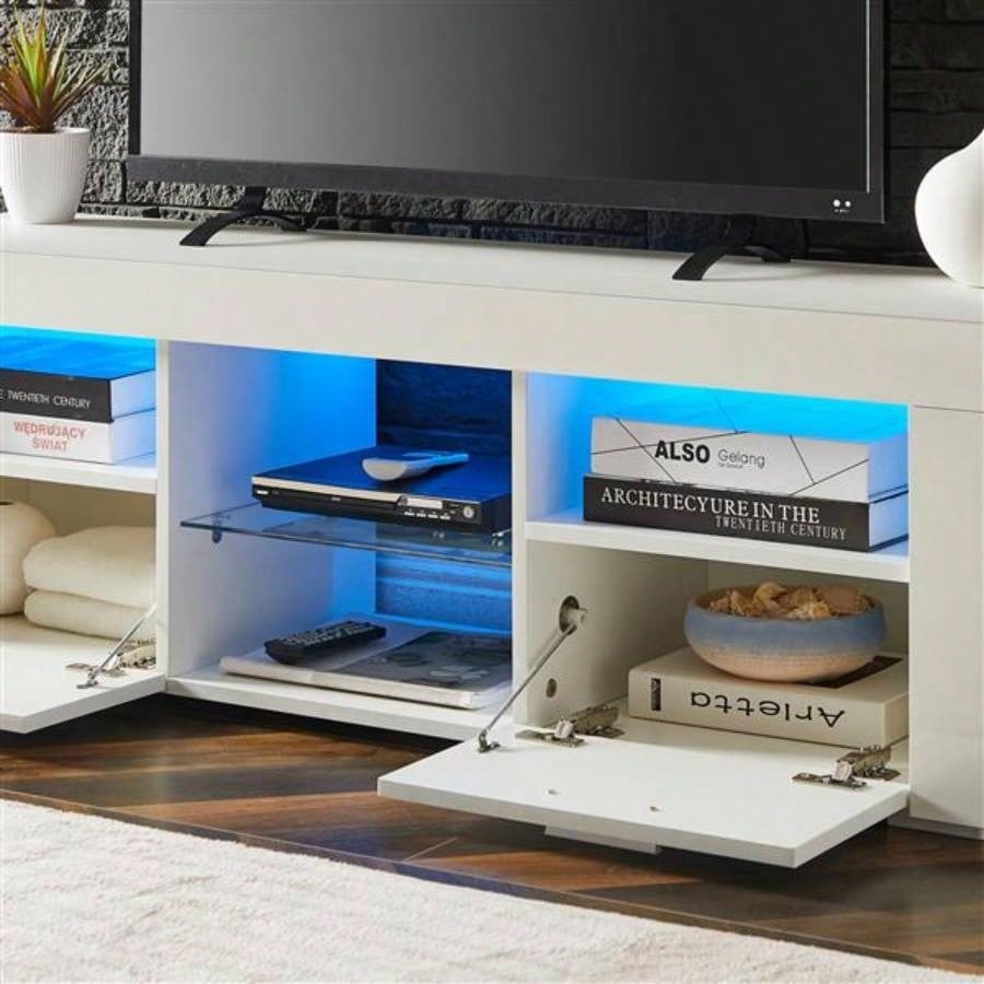 White morden TV Stand with LED Lights, high glossy front TV Cabinet, can be assembled in Lounge Room, Living Room or Bedroom, color: WHITE