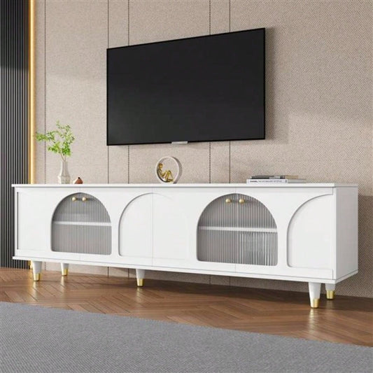 Contemporary TV Stand with Adjustable Shelves TVs Up to 7839; 39; Stylish Media Console with Gold Handles and Arch Fluted Glass Doors, Delicate Entertainment Center Living Room, White