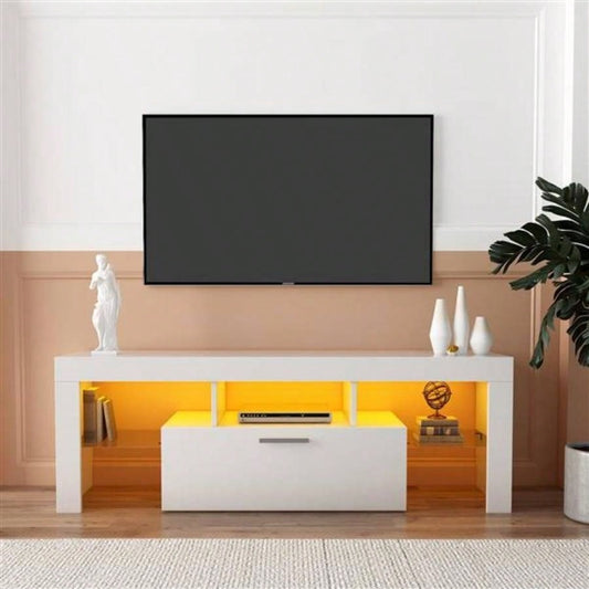 FashionTVstandTVcabinet, EntertainmentCenter, TVstationTV console, media console, with LEDlight belt, light belt remote control, toughenedglassshelf, metal handle, Canbeplaced in living room, bedroom, white