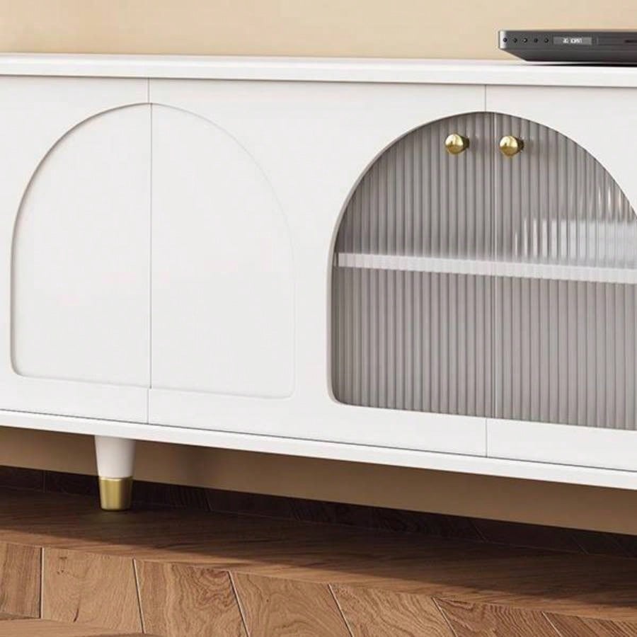 Contemporary TV Stand with Adjustable Shelves TVs Up to 7839; 39; Stylish Media Console with Gold Handles and Arch Fluted Glass Doors, Delicate Entertainment Center Living Room, White