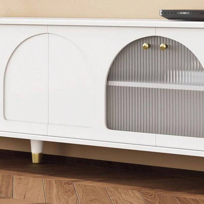Contemporary TV Stand with Adjustable Shelves TVs Up to 7839; 39; Stylish Media Console with Gold Handles and Arch Fluted Glass Doors, Delicate Entertainment Center Living Room, White