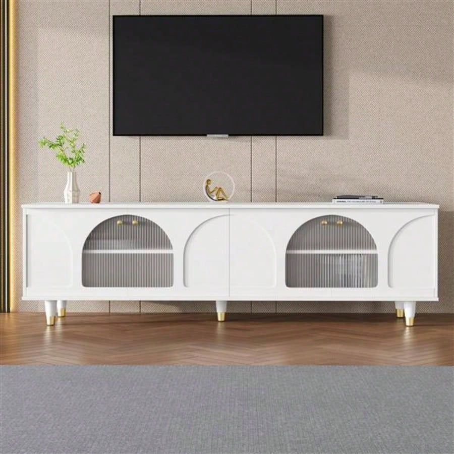 Contemporary TV Stand with Adjustable Shelves TVs Up to 7839; 39; Stylish Media Console with Gold Handles and Arch Fluted Glass Doors, Delicate Entertainment Center Living Room, White