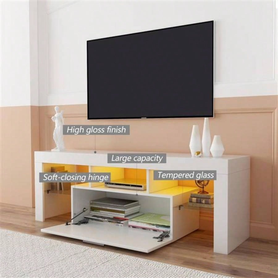 FashionTVstandTVcabinet, EntertainmentCenter, TVstationTV console, media console, with LEDlight belt, light belt remote control, toughenedglassshelf, metal handle, Canbeplaced in living room, bedroom, white